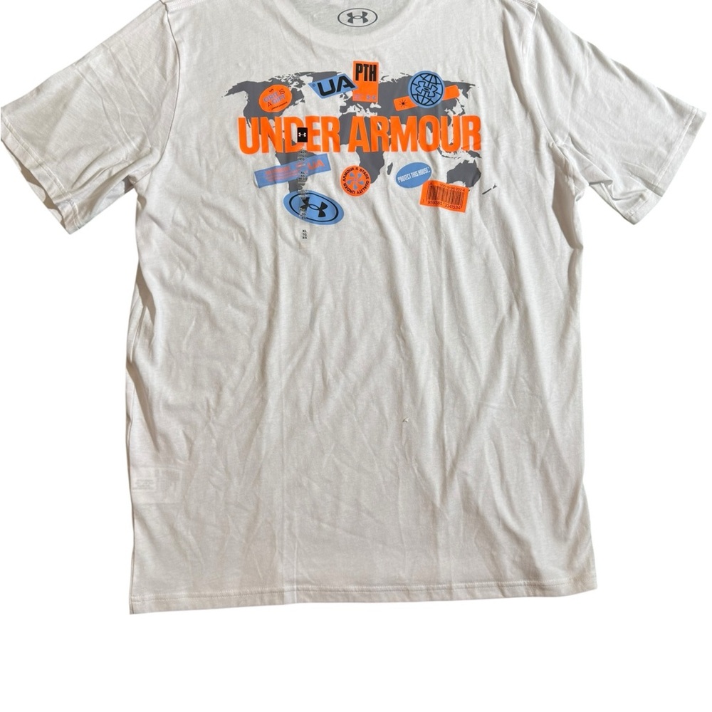 Under Armour White Tee Global Sticker SS Size XL - Picture 3 of 4